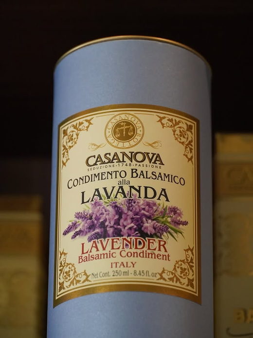 A pale blue presentation tube of lavender balsamic condiment.